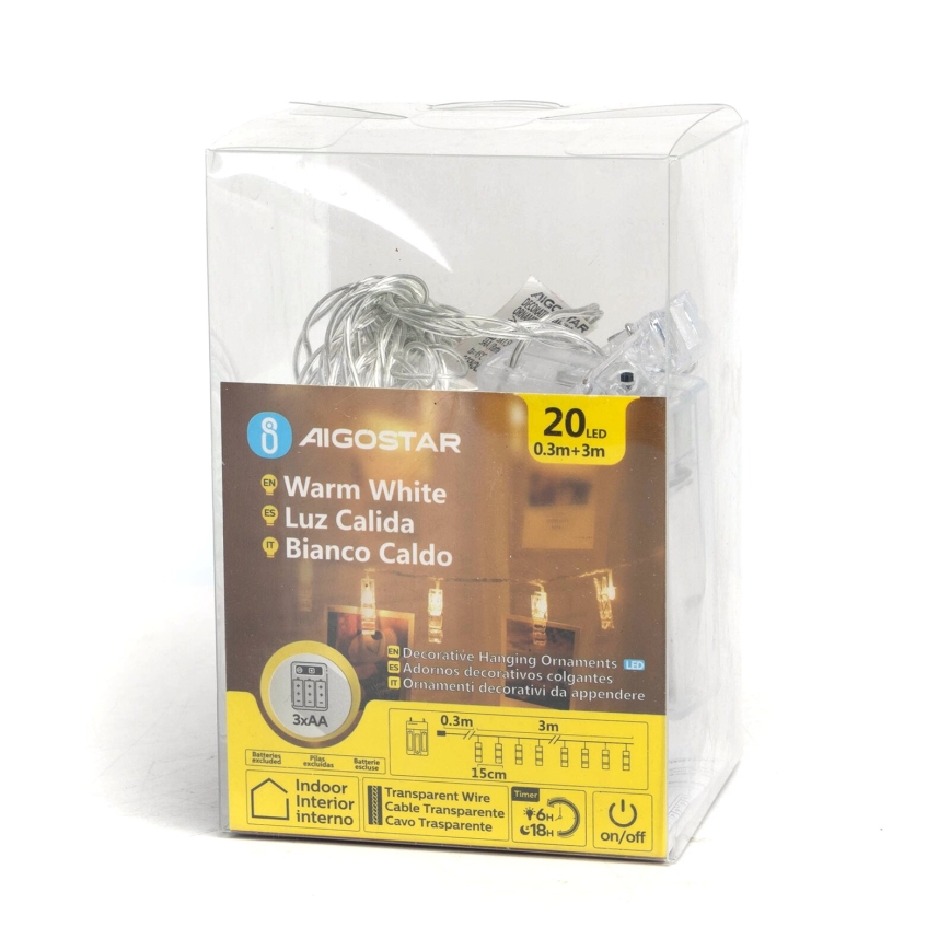 Aigostar - Catena luci LED decorativa con pioli 20xLED/3xAA 3,3m bianco caldo