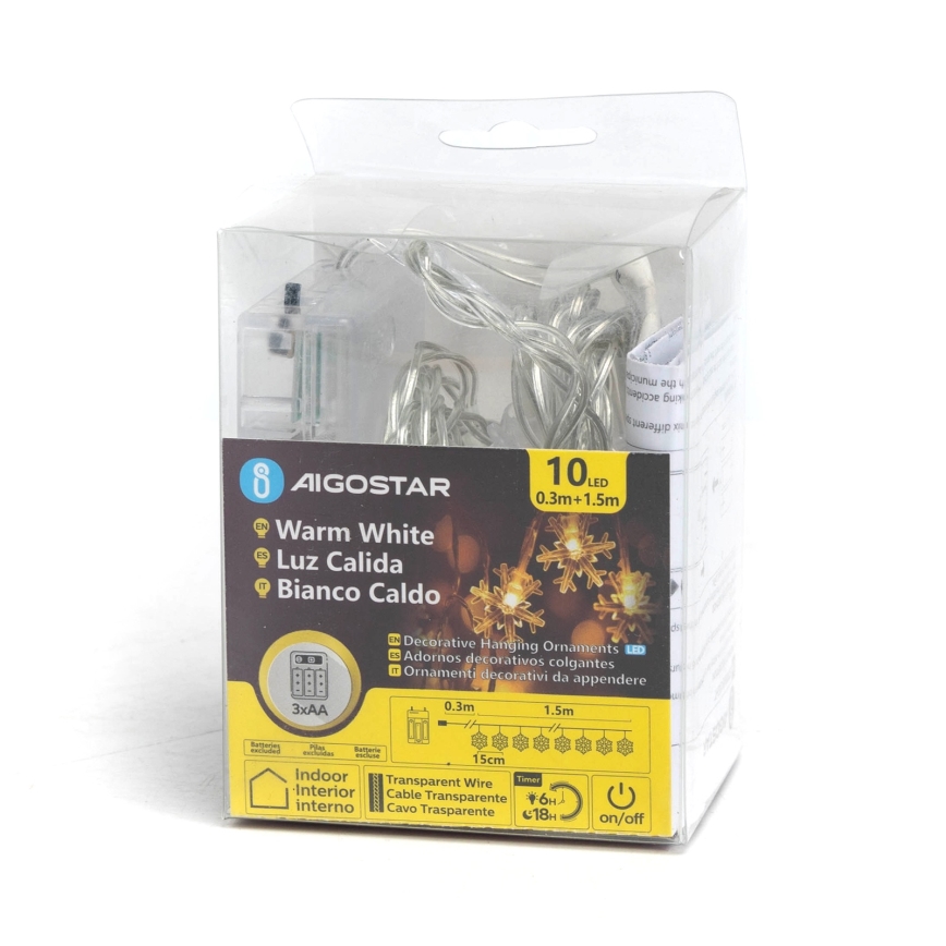 Aigostar - Catena luminosa a LED 10xLED/3xAA 1,5m, bianco caldo, con fiocchi di neve