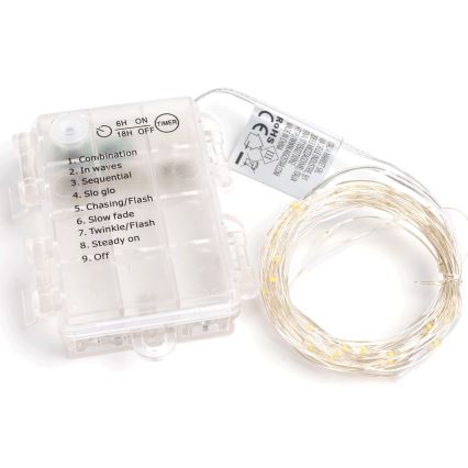 Aigostar - Catena luminosa LED da esterno 50 LED/8 funzioni 3xAA 5,3 m bianco caldo