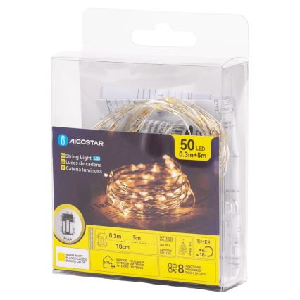 Aigostar - Catena luminosa LED da esterno 50 LED/8 funzioni 3xAA 5,3 m bianco caldo
