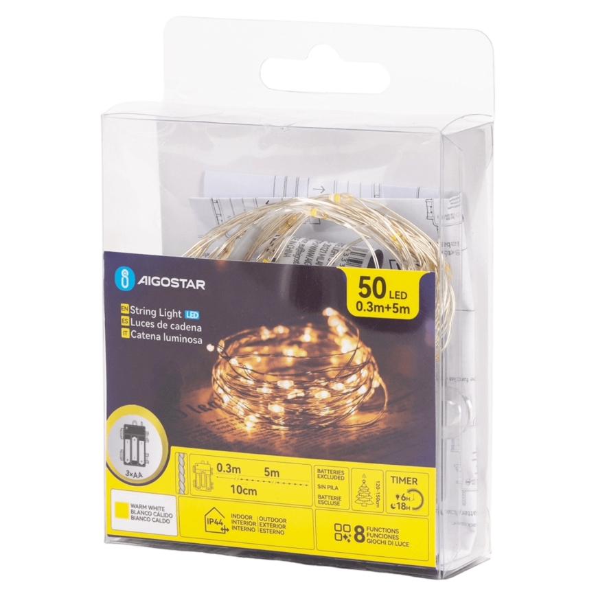Aigostar - Catena luminosa LED da esterno 50 LED/8 funzioni 3xAA 5,3 m bianco caldo