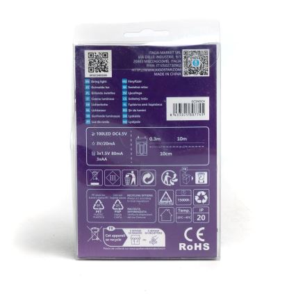 Aigostar - Catena luminosa con 100 LED, alimentazione 3xAA, 10,3 m, bianco freddo