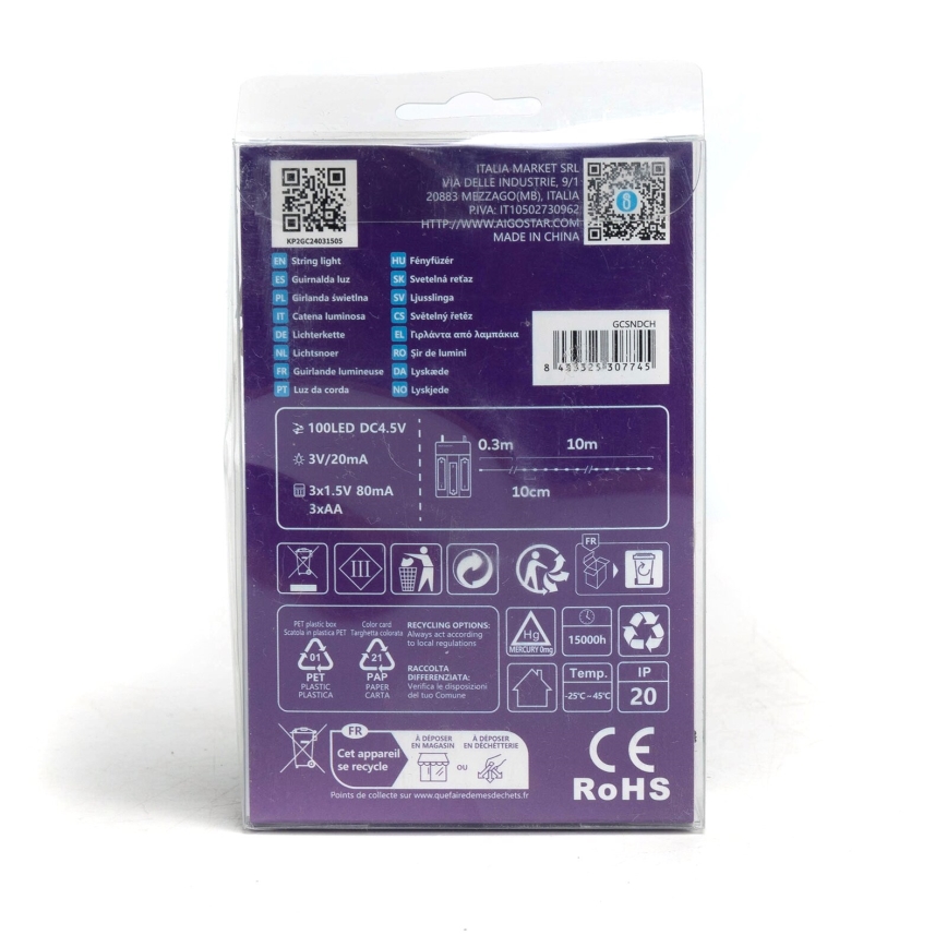 Aigostar - Catena luminosa con 100 LED, alimentazione 3xAA, 10,3 m, bianco freddo