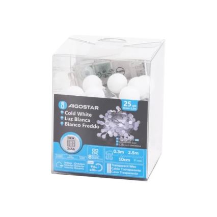 Aigostar - Catena luminosa natalizia LED da esterno 25 LED/3x AA/8 funzioni 2,8 m IP44 bianco freddo