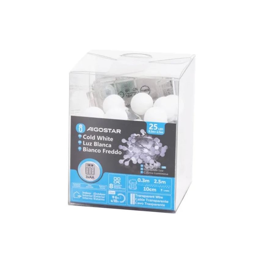 Aigostar - Catena luminosa natalizia LED da esterno 25 LED/3x AA/8 funzioni 2,8 m IP44 bianco freddo