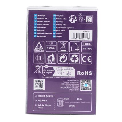 Aigostar - Catena luminosa da esterno LED, 150 LED, 8 funzioni, 3x AA, 15,3 m, IP44, multicolore