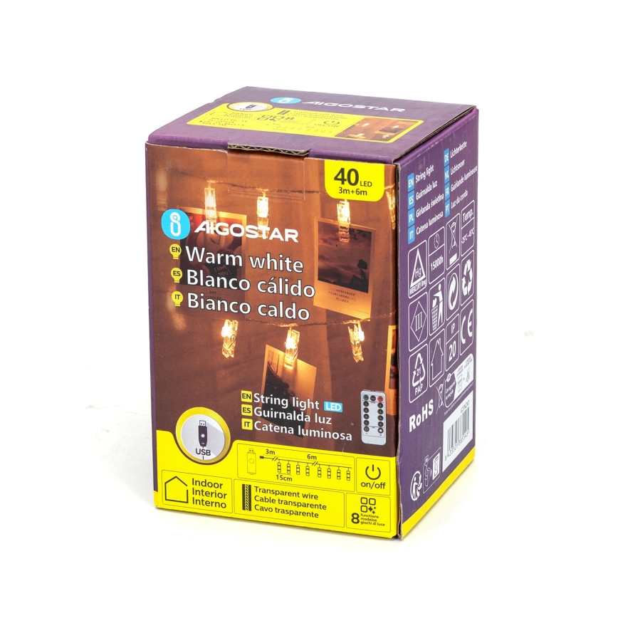 Aigostar - Catena luminosa decorativa 40 LED/5W/USB 9 m bianco caldo