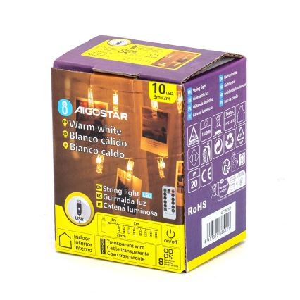 Aigostar - Catena luminosa decorativa a LED 10xLED/5W/USB, 5 m, bianco caldo