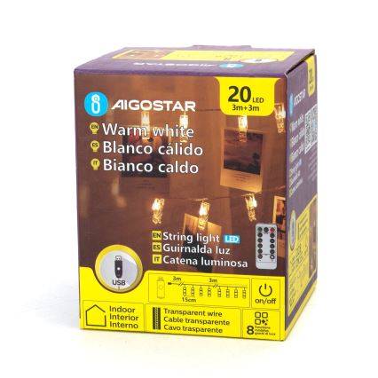 Aigostar - Catena luminosa decorativa a LED 20 LED/5 W/USB 6 m bianco caldo
