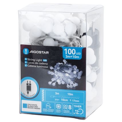 Aigostar - Catena luminosa LED decorativa per esterni 100xLED/8 modalità 10m IP44 bianco freddo