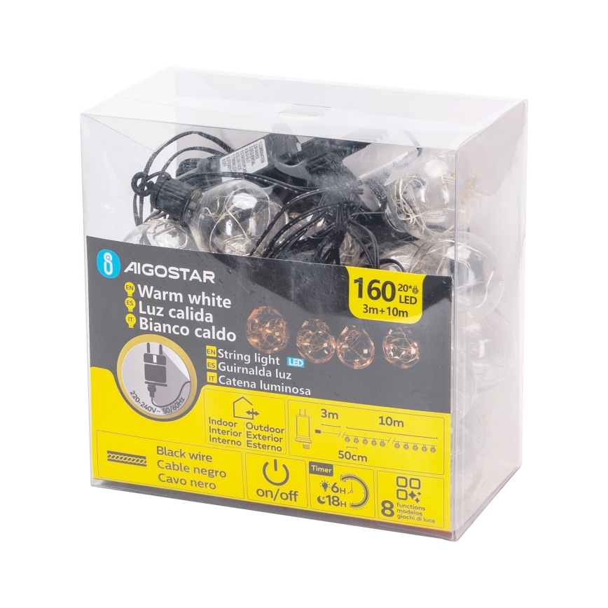 Aigostar - Catena luminosa decorativa LED da esterno 160xLED 10m IP44 bianco caldo
