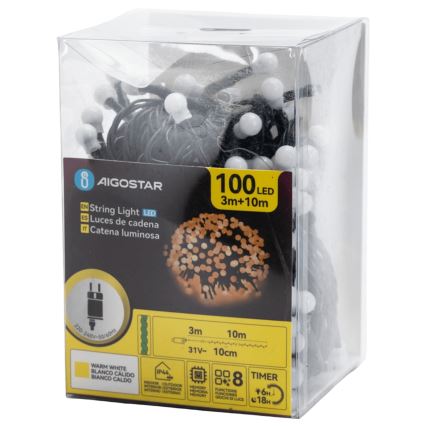 Aigostar - Catena luminosa decorativa LED da esterno 100 LED/8 funzioni 10 m IP44 bianco caldo