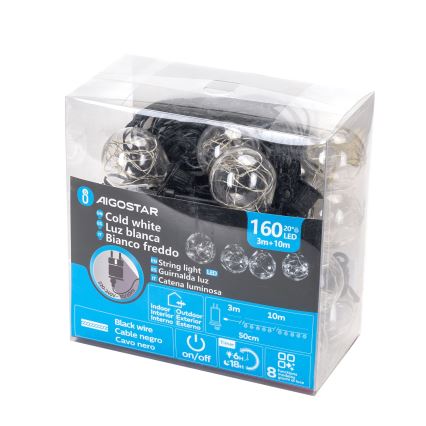 Aigostar - Catena decorativa LED da esterno, 160 LED, 10 m, IP44, bianco freddo