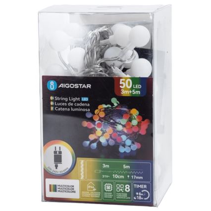 Aigostar - Catena luminosa decorativa da esterno a LED, 50 LED, 8 funzioni, 5 m, IP44, multicolore