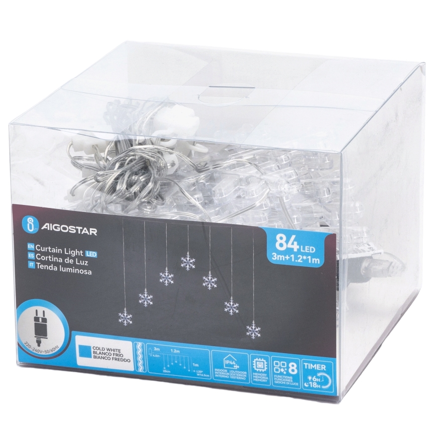 Aigostar - Catena luminosa natalizia LED per esterni 84xLED/8 funzioni 1,2x1m IP44 bianco freddo con fiocchi