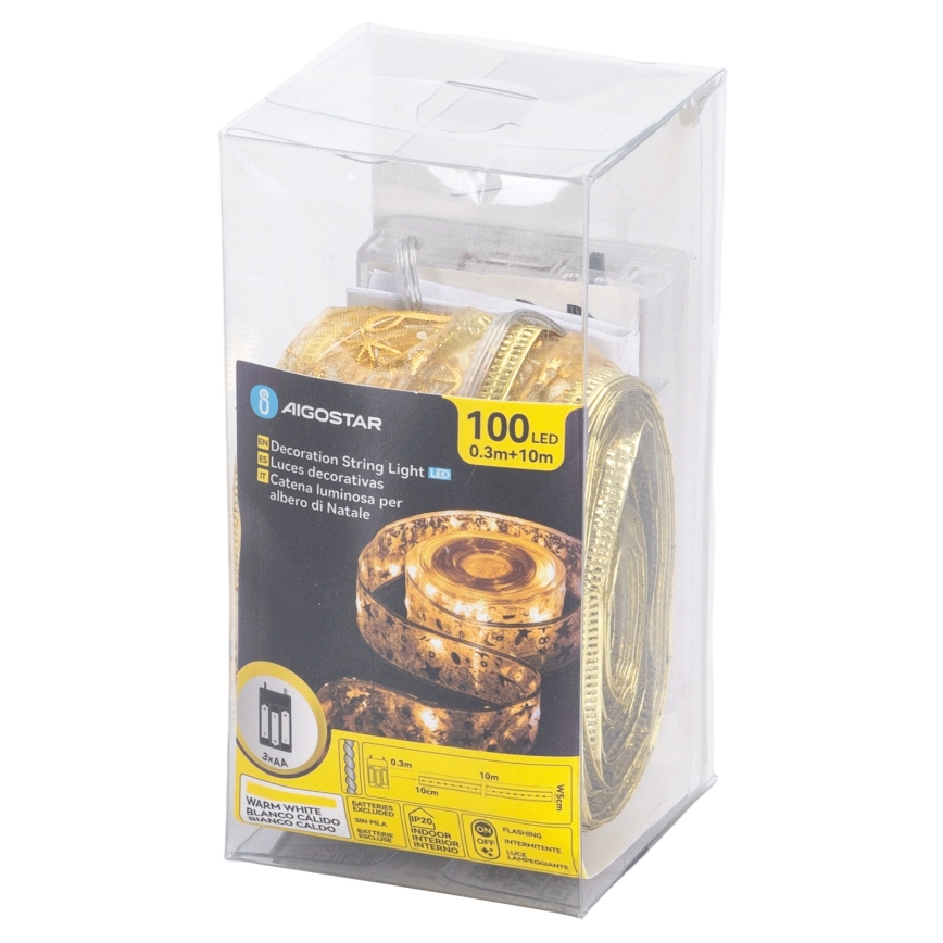 Aigostar - Catena luminosa natalizia a LED 100xLED/3xAA 10 m bianco caldo, dorata