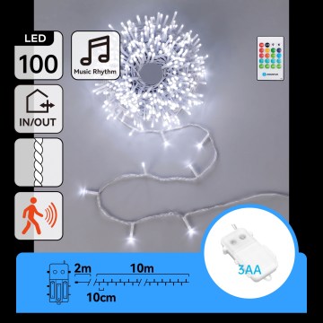 Aigostar - Catena luminosa di Natale LED dimmerabile da esterno con sensore di movimento 100xLED/3xAA 12m bianco freddo + telecomando