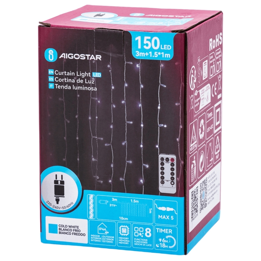 Aigostar - Catena LED da esterno 150 LED/6 W/230 V/8 funzioni 1,5 x 1 m IP44 bianco freddo + telecomando