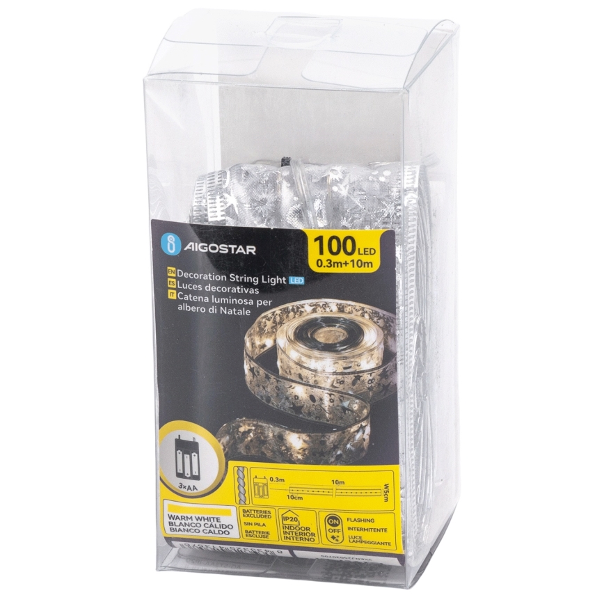 Aigostar - Catena luminosa LED 100xLED/3xAA 10 m bianco caldo argento