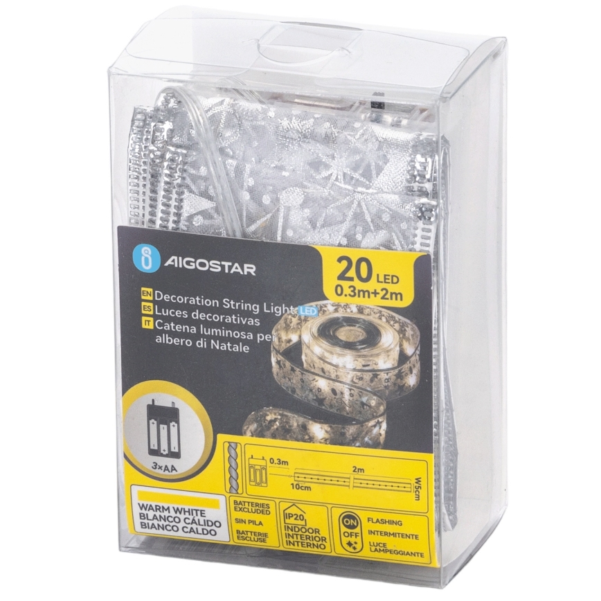 Aigostar - Catena luminosa a LED 20xLED/3xAA, 2 m, bianco caldo, argento