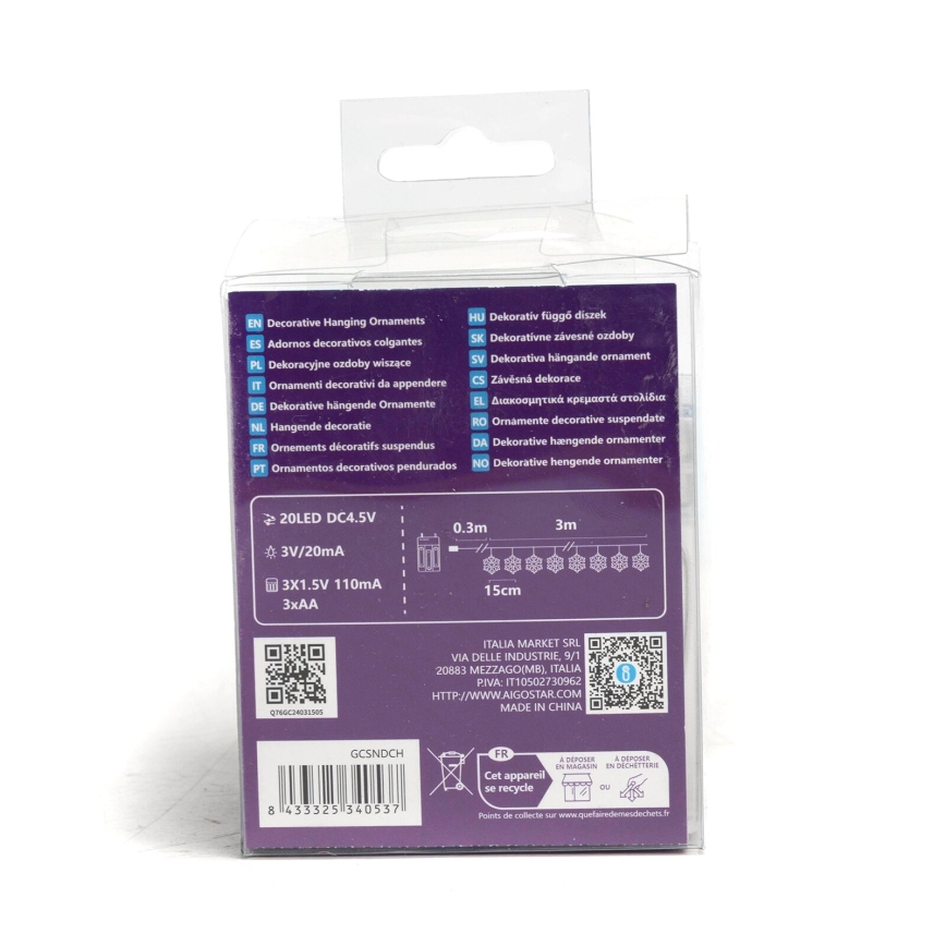 Aigostar - Catena luminosa LED 20xLED/3xAA, 3,3 m, fiocchi di neve