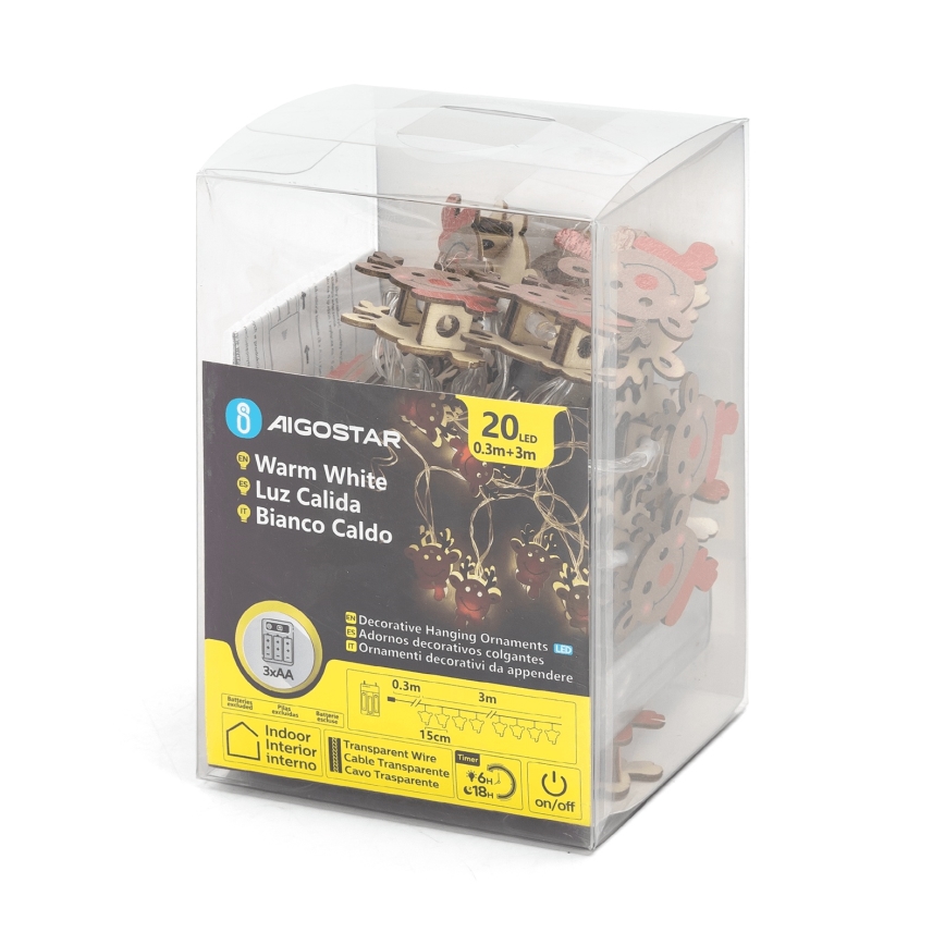 Aigostar - Catena luminosa LED 20xLED/3xAA 3m, bianco caldo a forma di renna