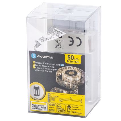 Aigostar - Catena luminosa a LED 50 LED / 3x AA, 5 m, luce calda, finitura argento