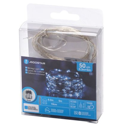 Aigostar - Catena luminosa LED per esterni 50 LED, alimentazione 3xAA, 5,3 m, bianco freddo