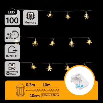 Aigostar - Catena luminosa LED da esterno 100 LED, 8 funzioni, 3 x batterie AA, 10 m, IP44, bianco caldo, a forma di stelle