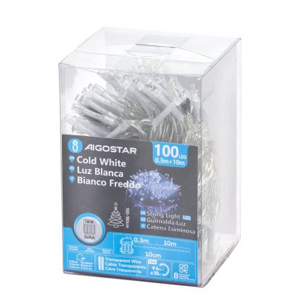 Aigostar - Catena luminosa LED per esterni 100xLED/8 funzioni/3xAA 10,3m IP44 bianco freddo