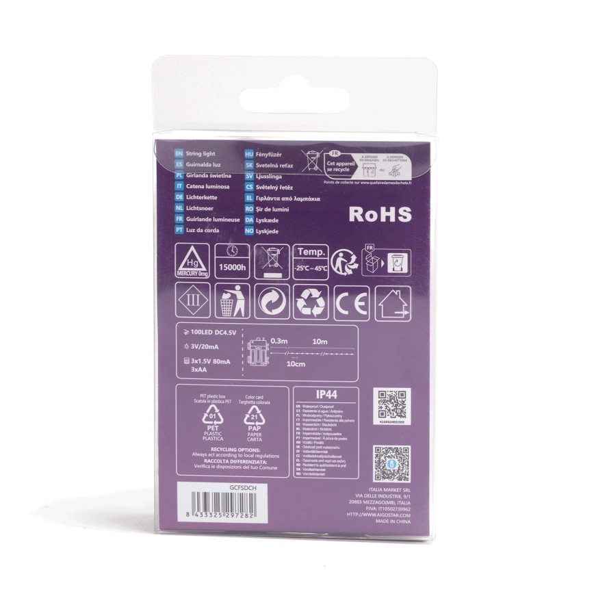 Aigostar - Catena luminosa LED da esterno 100xLED/8 funzioni/3xAA10,3m IP44 multicolore