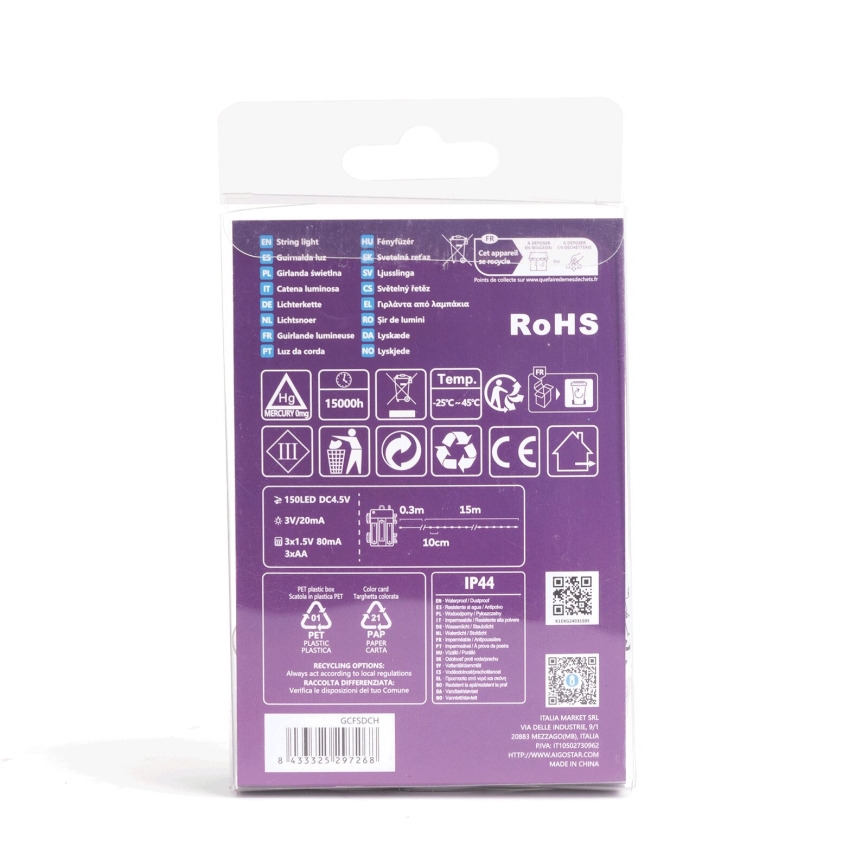 Aigostar - LED per esterni  catena luminosa 150xLED/8 funzioni/3xAA 15,3m IP44 bianco freddo