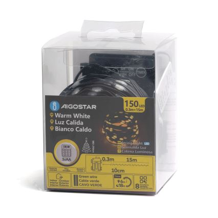 Aigostar - Catena luminosa LED da esterno 150 LED/8 funzioni 3x AA 15,3 m IP44 bianco caldo