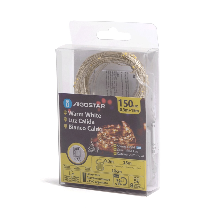 Aigostar - Catena luminosa LED da esterno 150xLED/8 funzioni 3xAA 15,3m IP44 bianco caldo