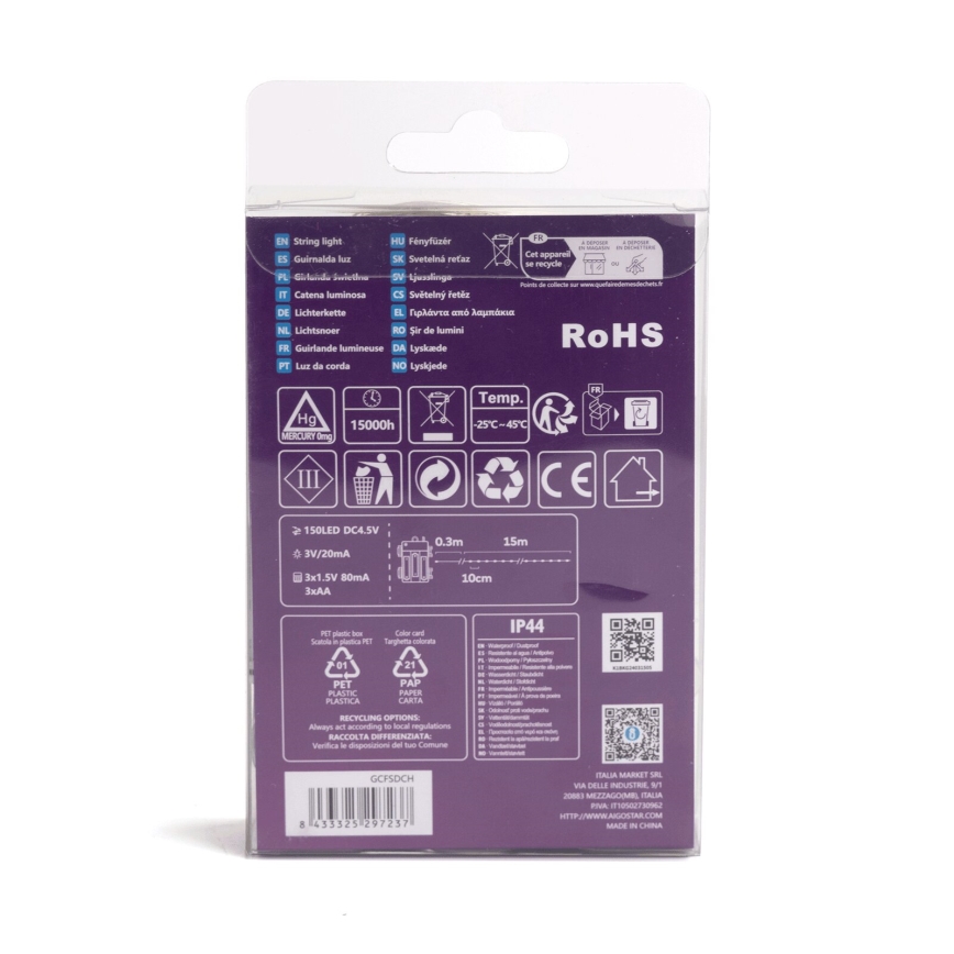 Aigostar - Catena luminosa LED da esterno 150xLED/8 funzioni 3xAA 15,3m IP44 bianco caldo