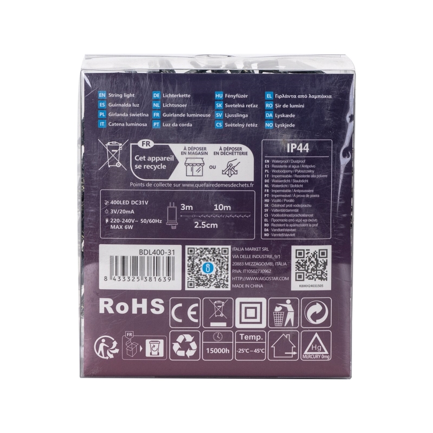 Aigostar - Catena luminosa LED da esterno 400xLED/8 funzioni 13m IP44 bianco freddo