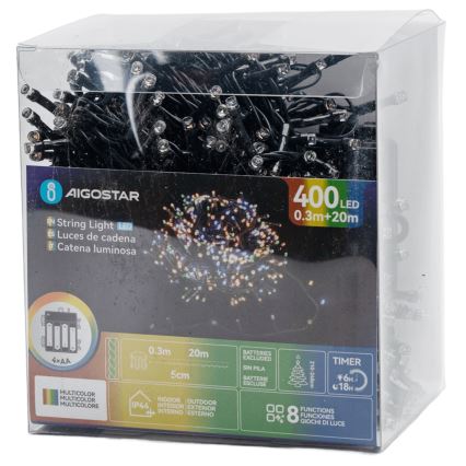 Aigostar - Catena luminosa LED per esterni 400 LED/8 funzioni 4xAA 20,3 m IP44 multicolore