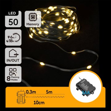 Aigostar - Catena luminosa LED da esterno 50 LED/8 funzioni, 3x batterie AA, 5,3 m, IP44, bianco caldo