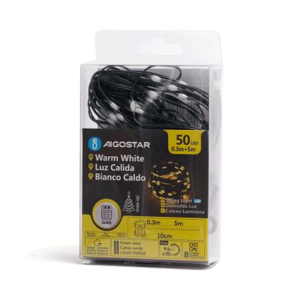 Aigostar - Catena luminosa LED da esterno 50 LED/8 funzioni, 3x batterie AA, 5,3 m, IP44, bianco caldo
