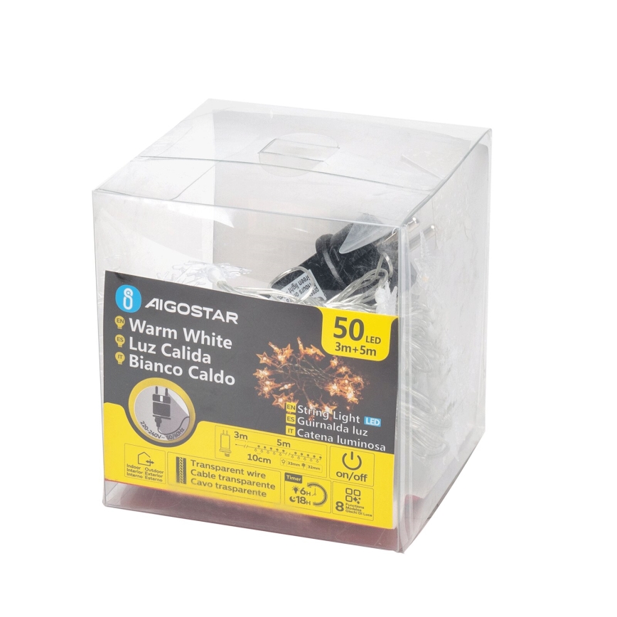 Aigostar - Catena luminosa LED da esterno 50 LED/8 funzioni 8 m IP44 bianco caldo