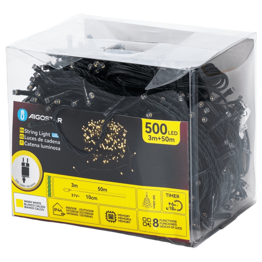 Aigostar - Catena luminosa LED per esterni 500 LED/8 funzioni 50 m IP44 bianco caldo