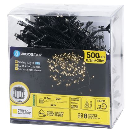 Aigostar - Catena LED per esterni 500xLED/8 funzioni 4xAA 25,3 m IP44 bianco caldo