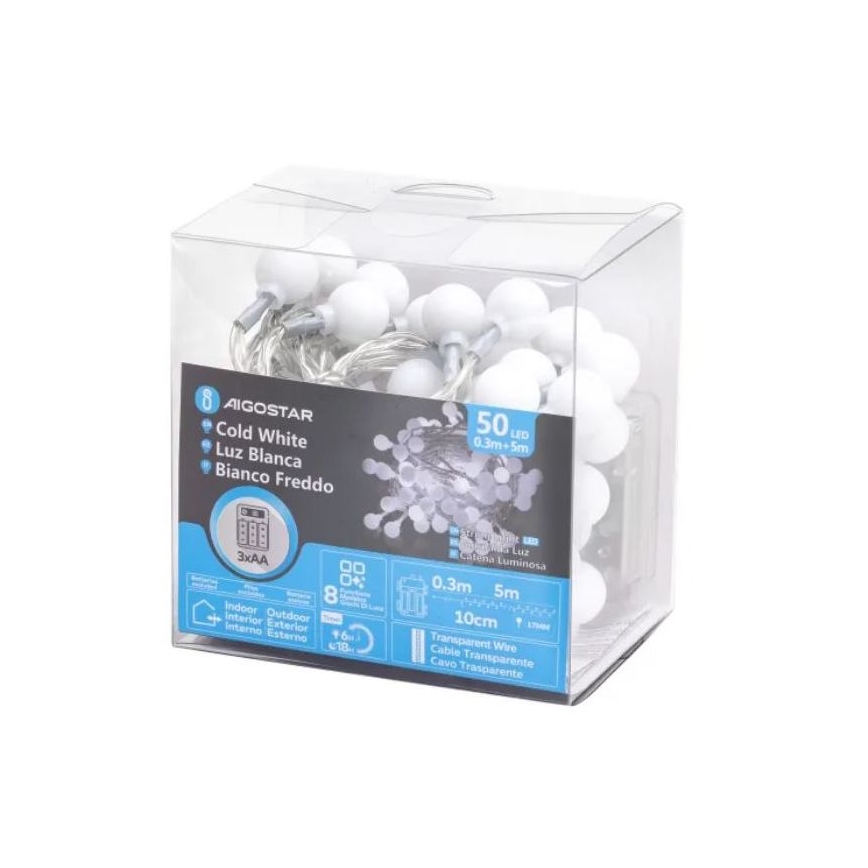 Aigostar - Catena luminosa LED per esterni 50xLED/3xAA/8 funzioni 5,3 m IP44 bianco freddo