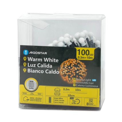 Aigostar - LED Catena luminosa natalizia da esterno 100xLED/8 funzioni 3xAA 10,3m IP44 bianco caldo