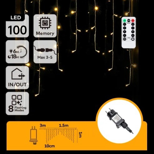 Aigostar - Catena luminosa LED da esterno per Natale 100 LED/6W/230V/8 funzioni 1,5x1m IP44 bianco caldo + telecomando