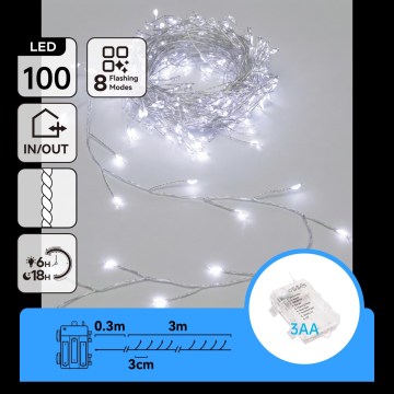 Aigostar - Catena luminosa LED da esterno per Natale, 100 LED, 8 modalità, 3xAA, 3,3 m, IP44, bianco freddo
