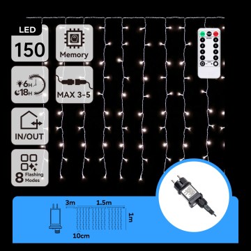 Aigostar - Catena luminosa LED da esterno per Natale 150xLED/6W/230V/8 funzioni 1,5x1m IP44 bianco freddo + telecomando