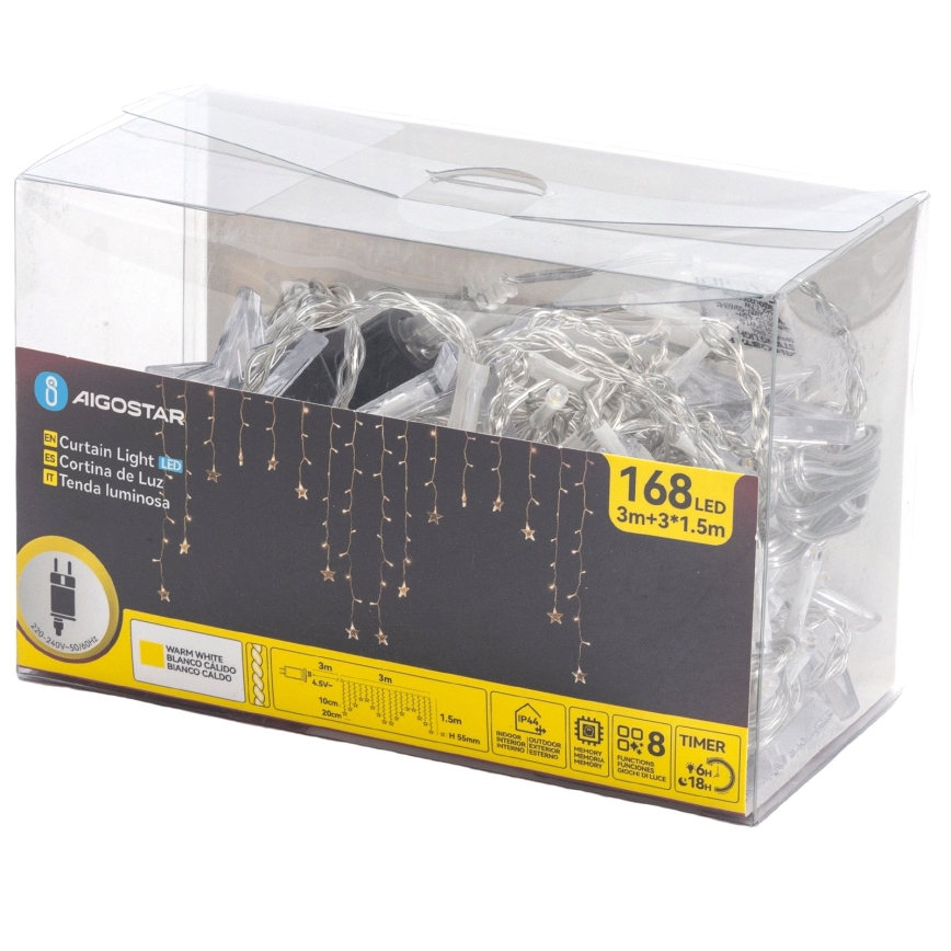 Aigostar - Catena luminosa natalizia LED da esterno 168xLED/8 funzioni 3x1,5m IP44 bianco caldo stelle