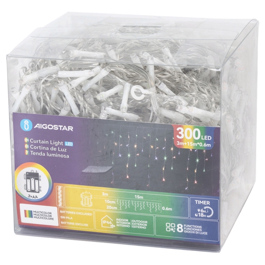 Aigostar - Catena luminosa natalizia LED per esterni 300xLED/8 funzioni 3xAA 18x0,6 m IP44 multicolore