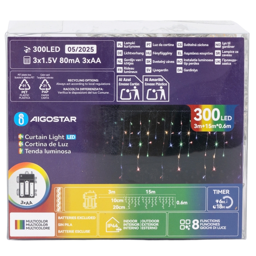 Aigostar - Catena luminosa natalizia LED per esterni 300xLED/8 funzioni 3xAA 18x0,6 m IP44 multicolore